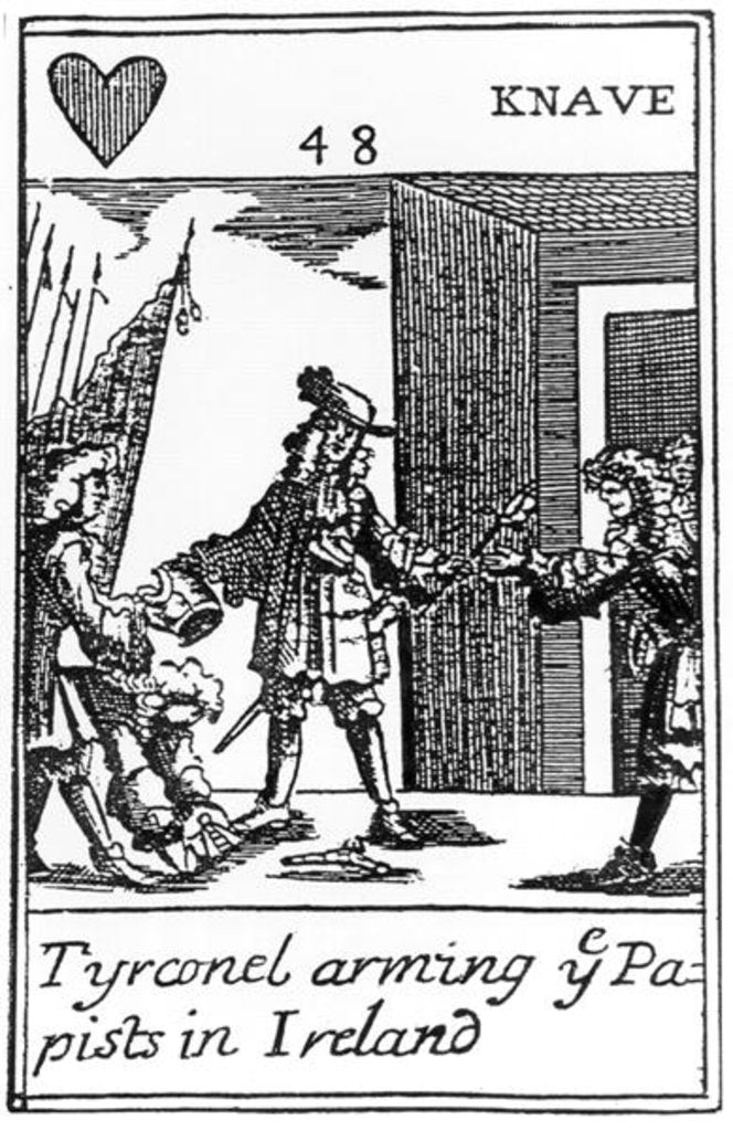 Detail of Tyrconnel Arming the Papists in Ireland, anti-catholic playing card commemorating the Glorious Revolution of 1688 by English School