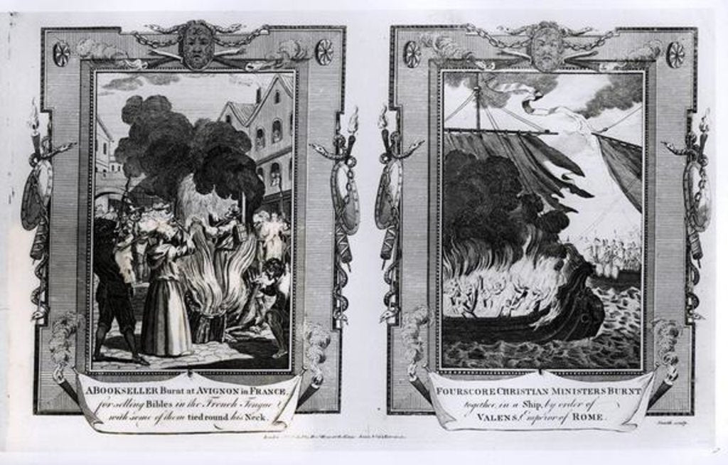 Detail of A Bookseller Burnt at Avignon in France for Selling Bibles in the French Tongue with Some of Them Tied round his Neck and Four Score Christian Ministers Burnt together in a Ship by School English