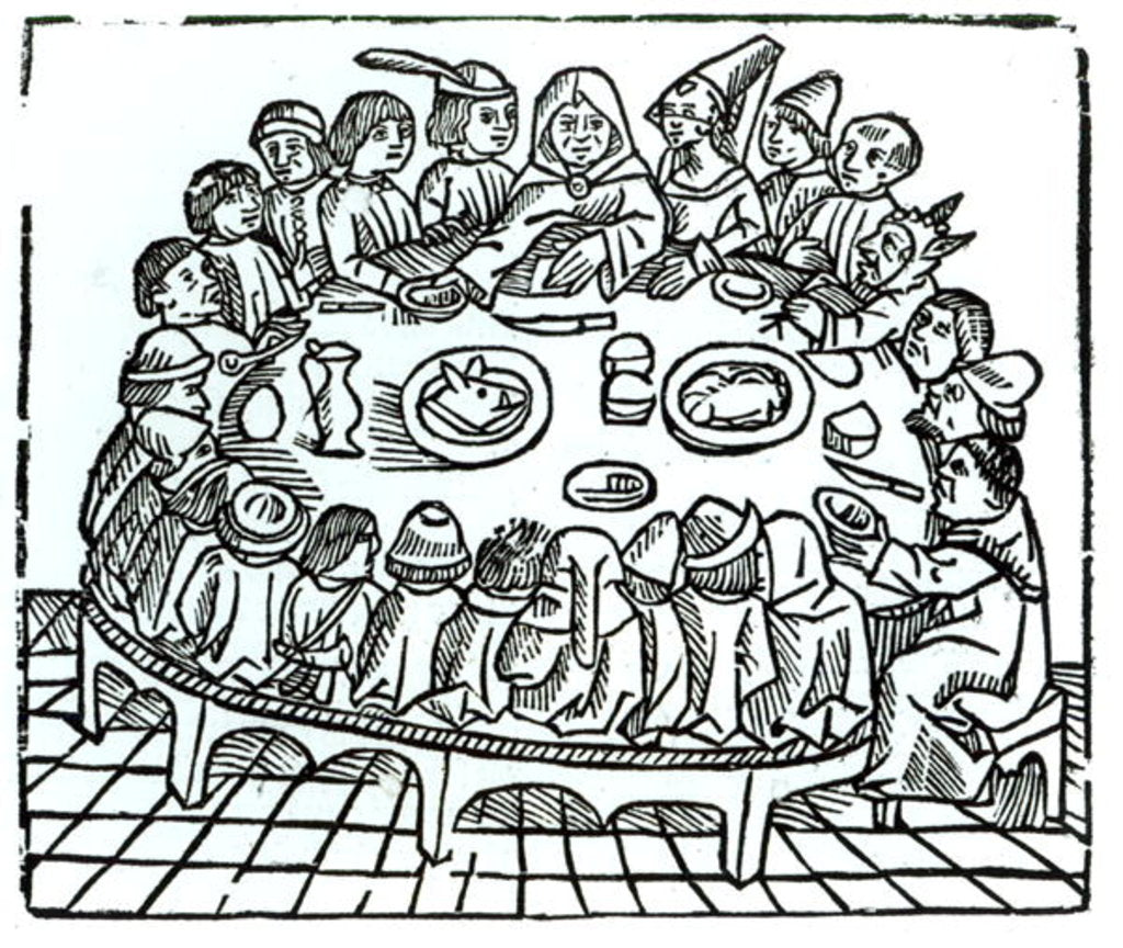 Detail of The Canterbury Pilgrims sitting down for a shared meal by English School