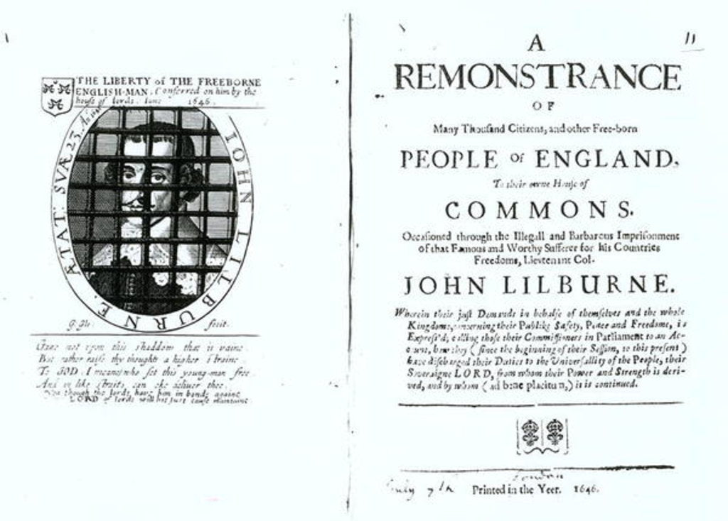 Detail of A remonstrance by the Levellers to the House of Commons regarding the imprisonment of their leader John Lilburne published 1646 by English School