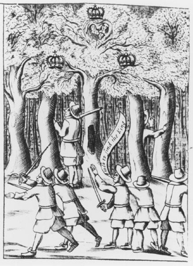 Detail of King Charles II hiding in an oak tree at Boscobel after his defeat at the Battle of Worcester in 1651. by English School