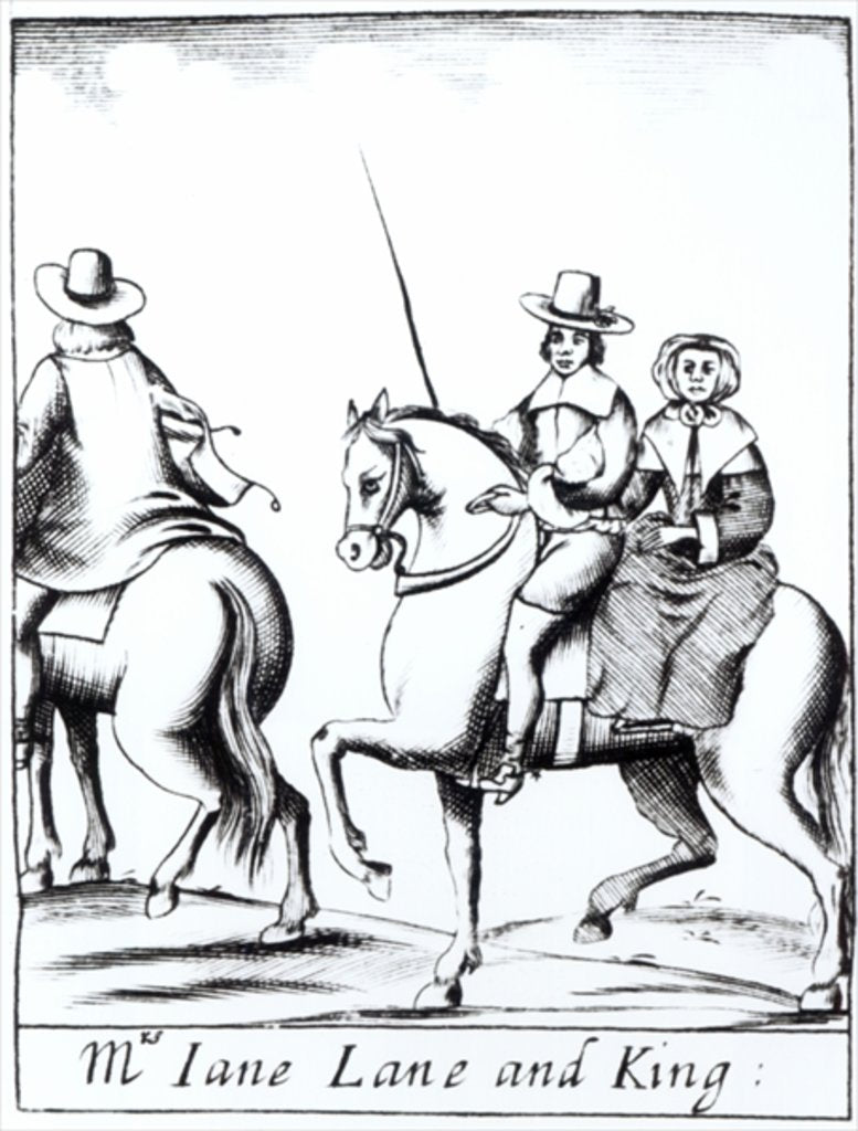 Detail of Mrs Jane Lane riding with King Charles II after the defeat at the Battle of Worcester in September 1651, published 1660 by English School