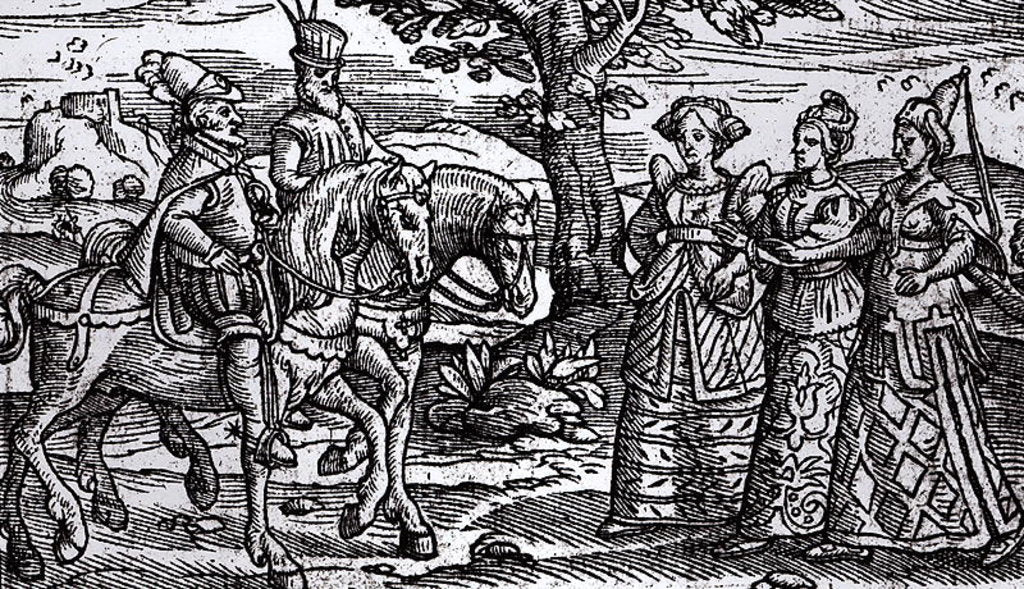 Detail of Macbeth, Banquo and the Three Witches, The Historie of Scotlande, 1577 by English School