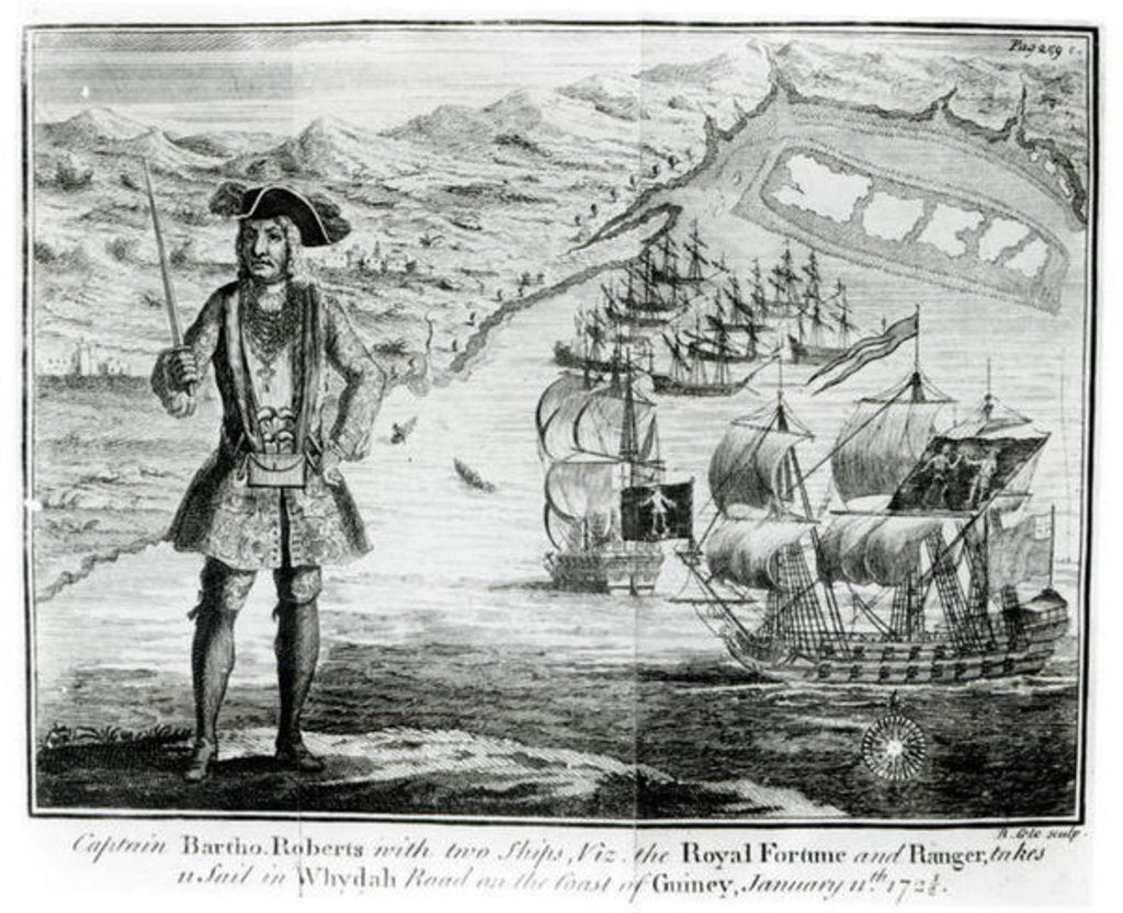 Detail of Captain Bartholomew Roberts with two ships, the 'Royal Fortune' and 'Ranger' takes sail in Whydah Road on the coast of Guiney, January 11th 172? by English School