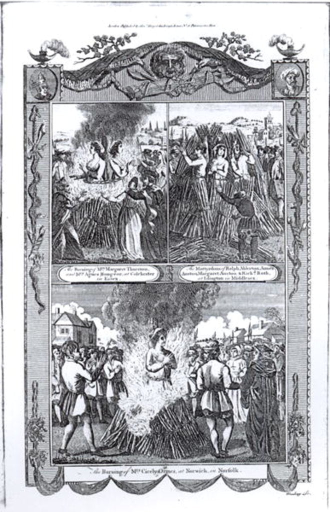 Detail of Men and women burned at the stake in 1557, from an edition of 'Acts and Monuments' by John Foxe by School English
