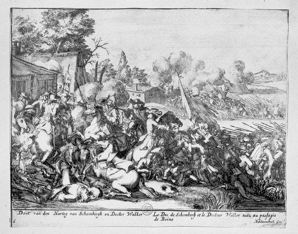 Detail of Duc de Schomberg and Doctor Walker are killed at the Battle of the Boyne, 1690 by Adriaan Schoonebeek