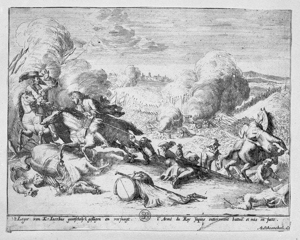 Detail of King James's troops are defeated at the Battle of the Boyne and flee, 1690 by Adriaan Schoonebeek