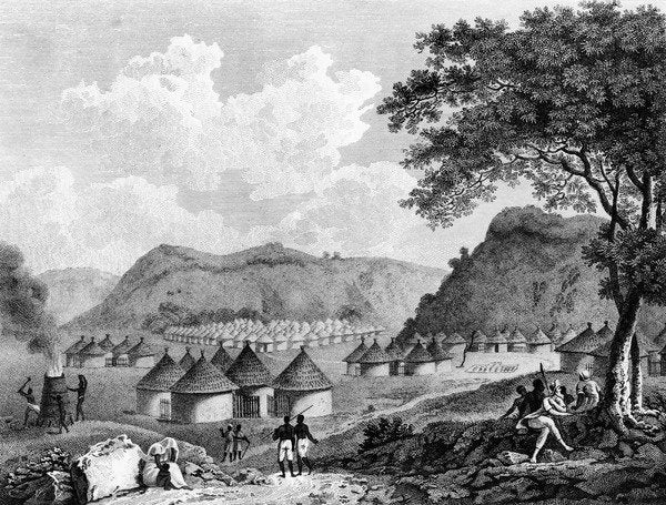 Detail of View of Kamalia village from 'Travels in the interior districts of Africa', 1799 by Mungo Park (after)