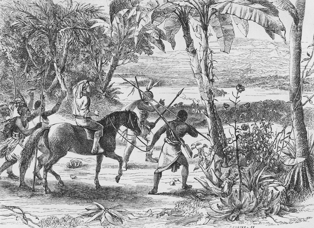 Detail of I saw with infinite pleasure the great object of my mission, - the long sought for majestic Niger, glittering to the morning sun, 1860 by Mungo Park (after)