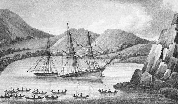 Detail of Brig Jane and Cutter Beaufoy passing through a chain of Ice Islands, 1826 by Weddell Weddell