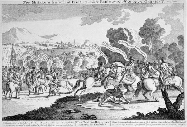 Detail of The Mistake a Satyrical Print on a late Battle near M-d-n in G-r-m-y, c.1759 by English School