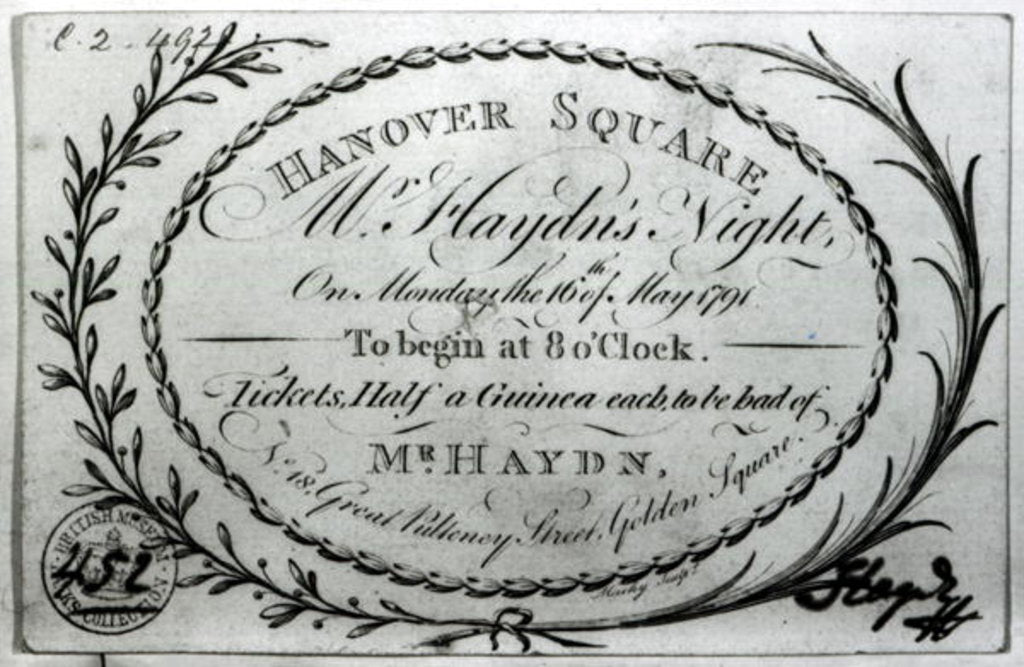 Detail of Ticket to 'Mr. Haydn's Night' in Hanover Square, 16th May 1791 by English School