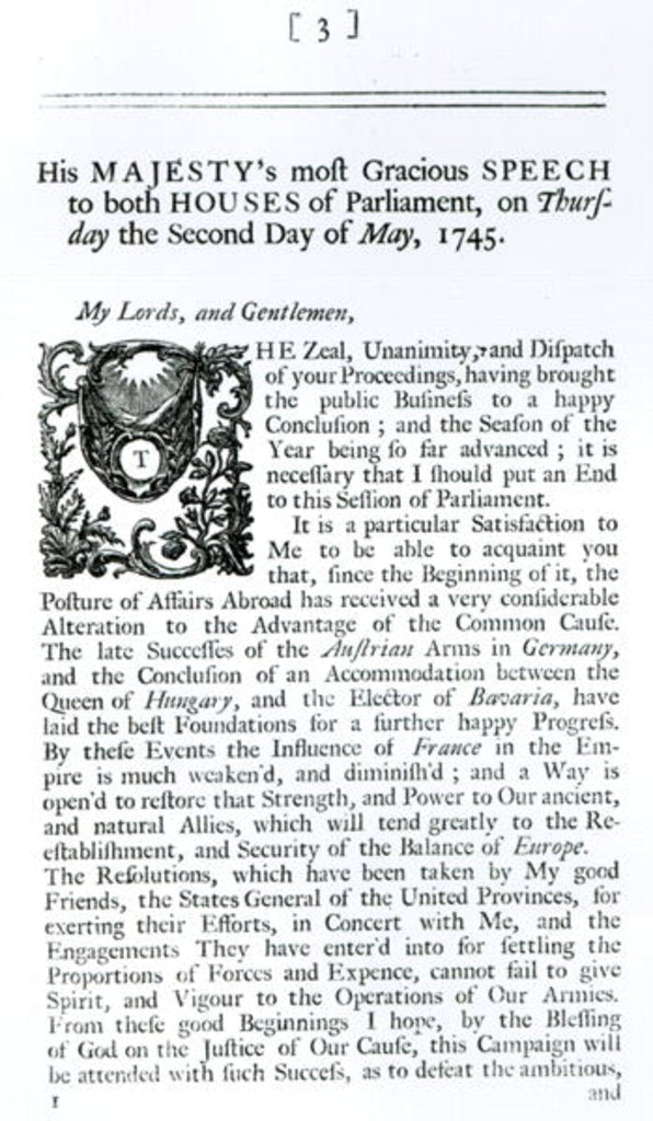 Detail of Royal Speech to both Houses of Parliament, 2nd May 1745 by English School