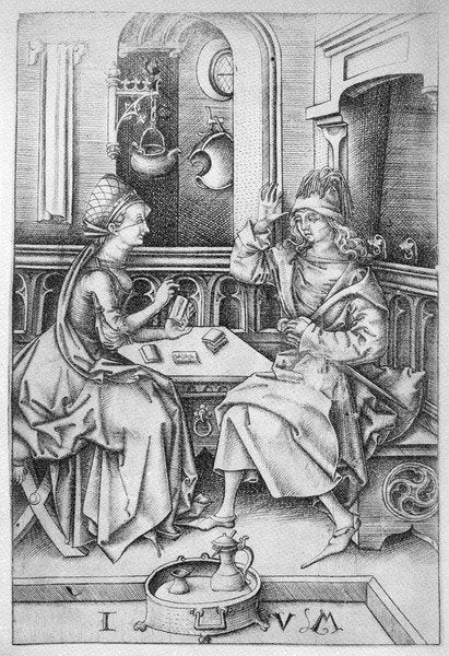 Detail of Couple playing cards c.1500 by Israhel van the younger Meckenem
