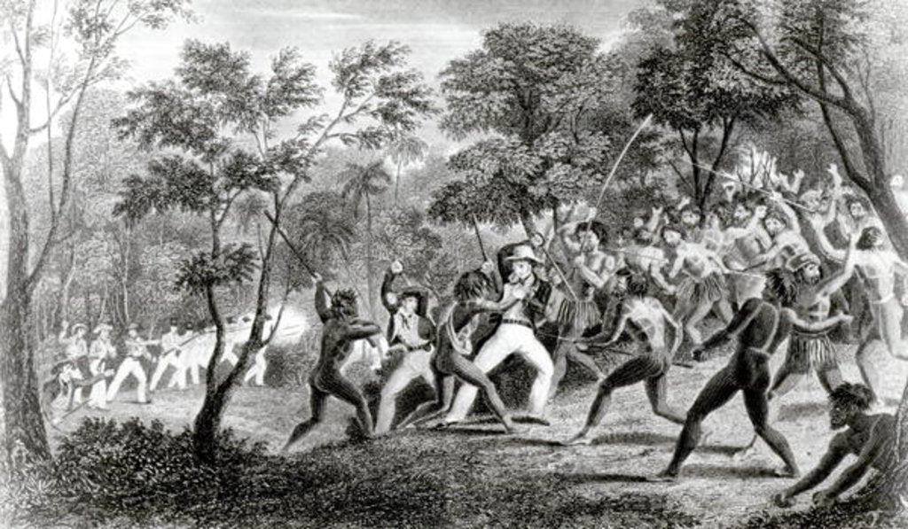 Detail of Attack of the Natives of Gambier Islands, engraved by Edward Finden, 1831 by Richard B. (after) Beechey