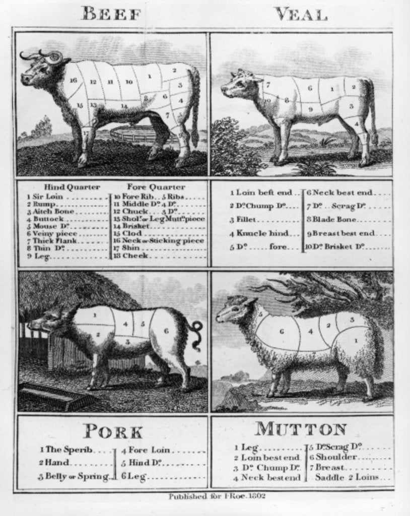 Detail of Beef, Veal, Pork, and Mutton Cuts, 1802 by English School