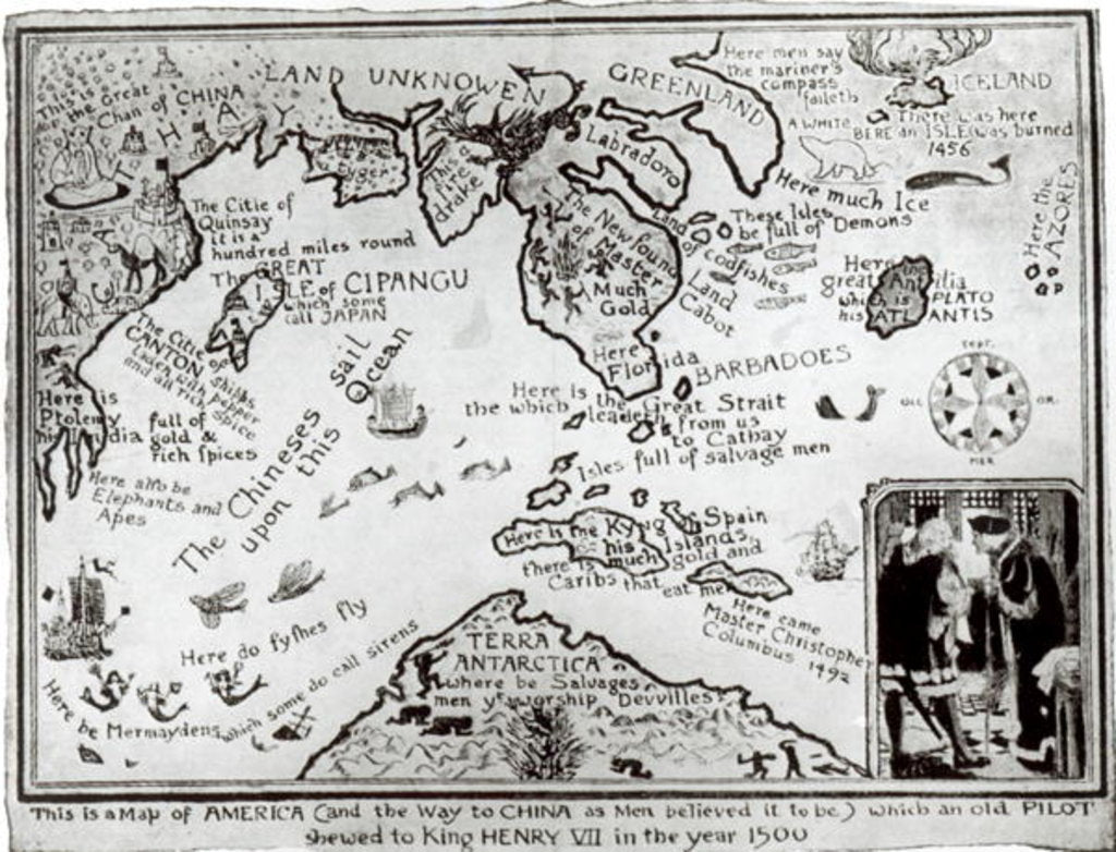 Detail of Map of America and directions to China as believed to be a copy of a 16th century original by School English