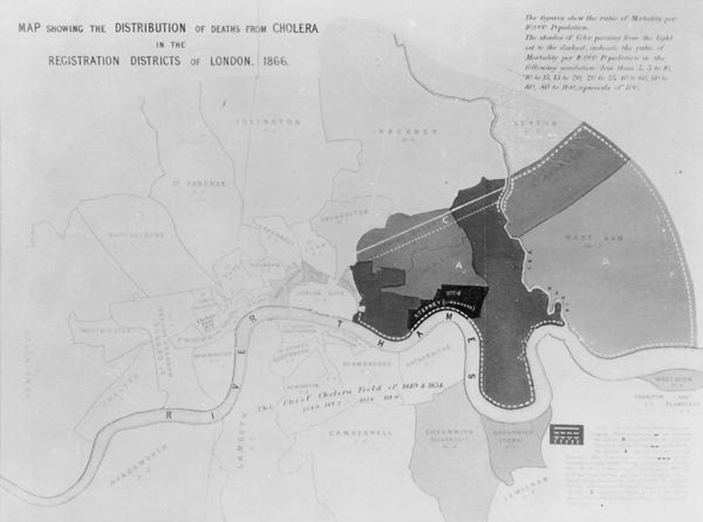 Detail of Map showing the Distribution of Deaths from Cholera in the Registration Districts of London, 1866 by English School