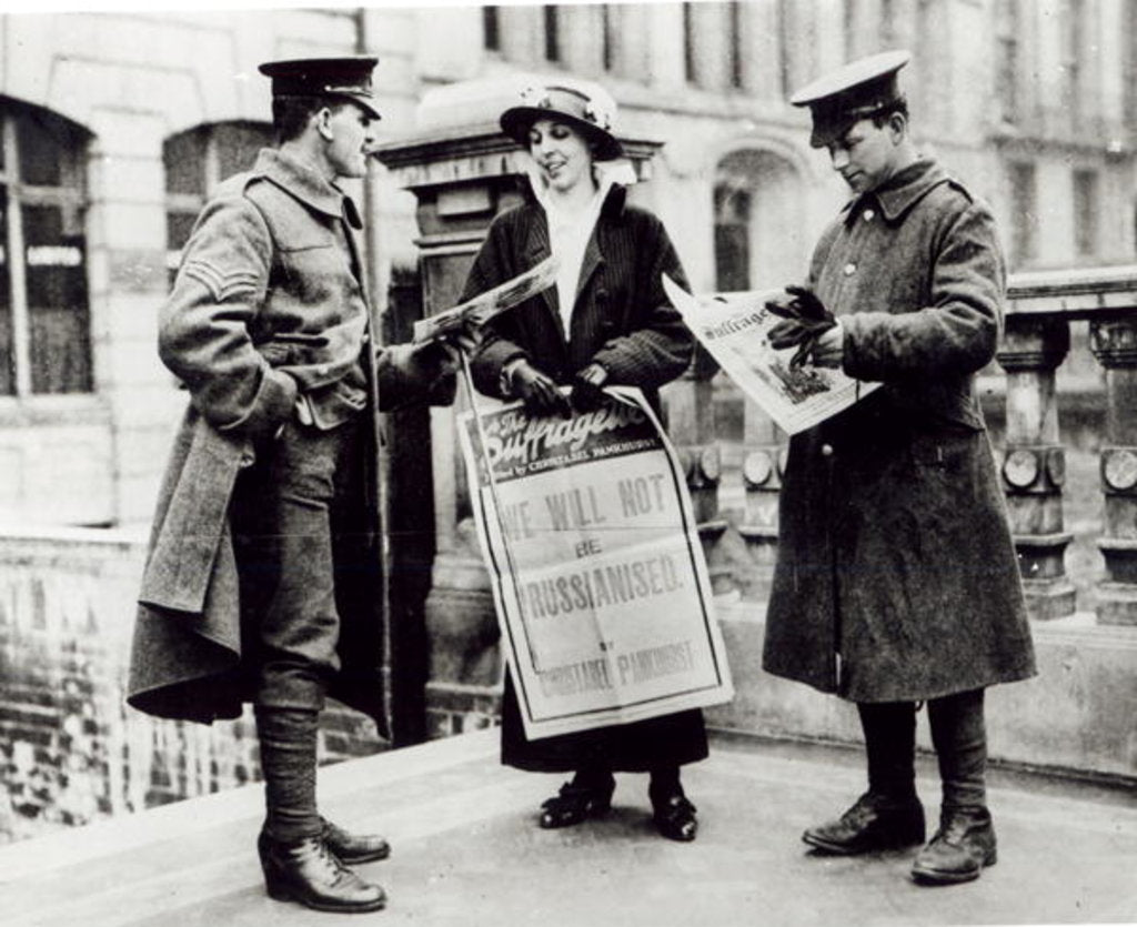 Detail of A Suffragette selling newspapers to two soldiers, c.1914 by English Photographer