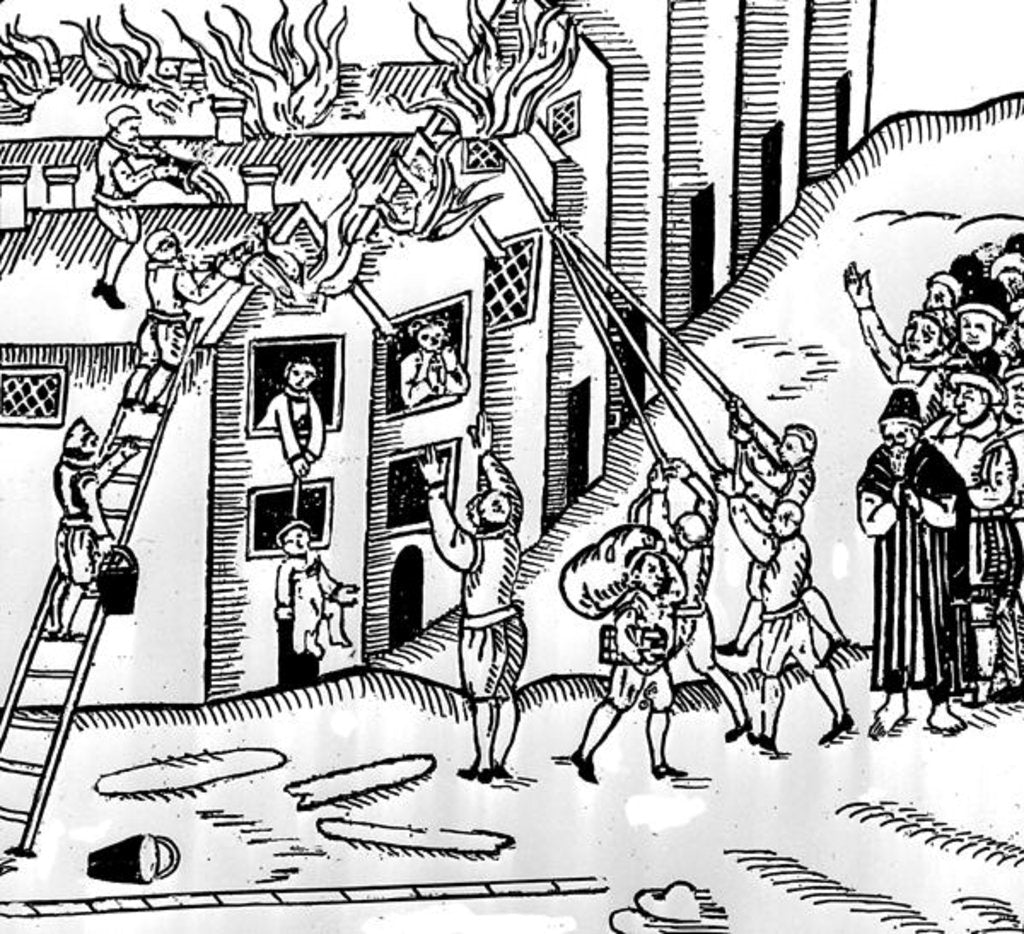 Detail of Firefighting at Tiverton, Devon, 1612 by English School