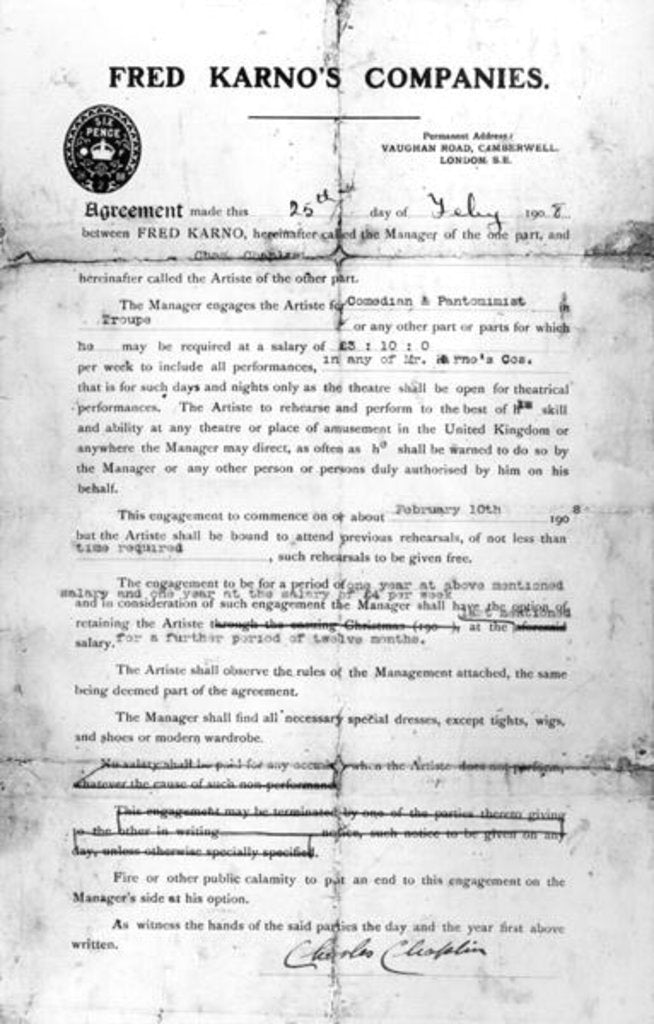 Detail of Agreement made between Fred Karno's Companies and Charles Chaplin, 25th July 1908 by English School