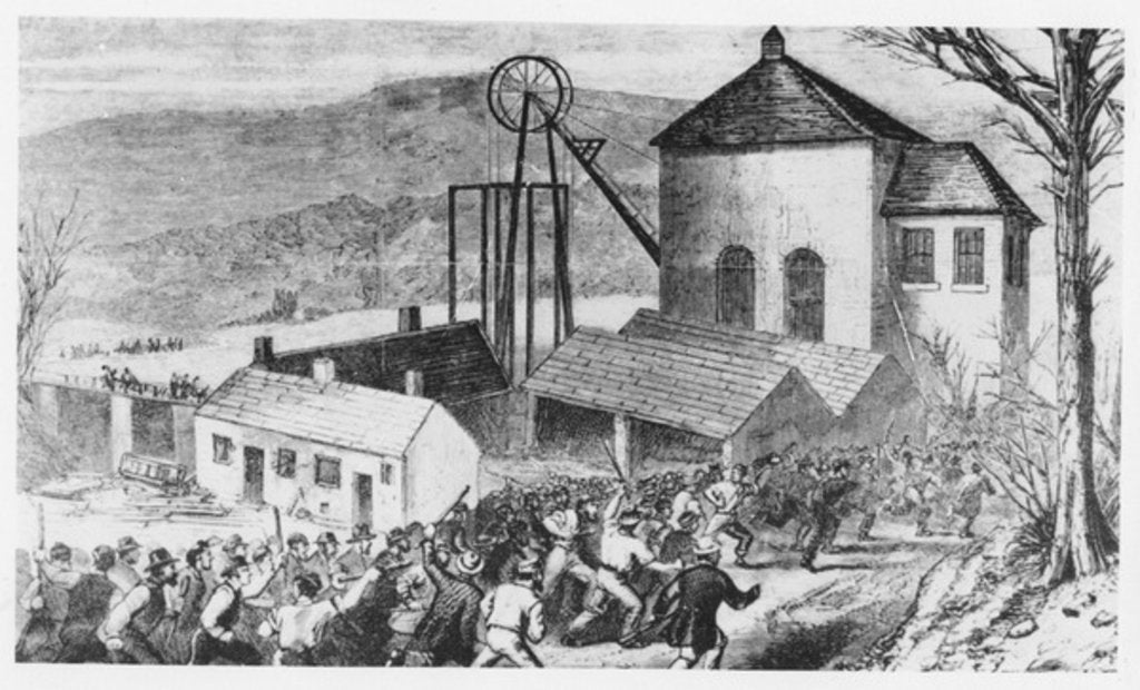 Detail of Striking miners attack cottages occupied by non-union workers, 1870 by English School