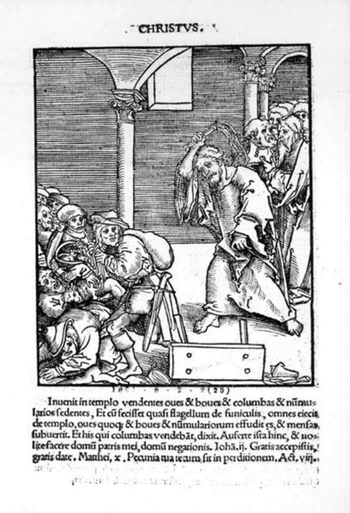 Detail of Christ Driving the Tradesmen and Money Lenders from the Temple from 'Passional Christi und Antichristi' by Philipp Melanchthon, published in 1521 by Lucas The Elder (studio of) Cranach