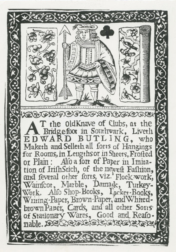 Detail of Trade card for Edward Butling, room hangings by English School