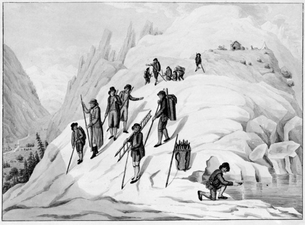 Detail of Monsieur De Saussure, his son and their guides descending the Tacul glacier, 1790 by Henri L'Eveque