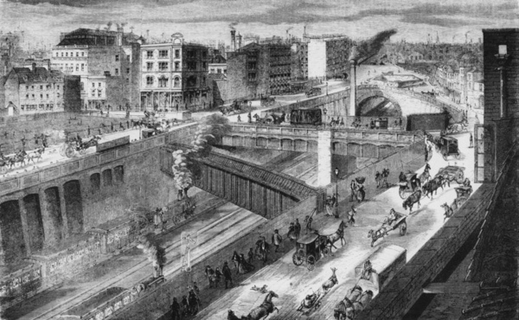 Detail of Farringdon Road and the Metropolitan Railway looking north, 1868 by English School
