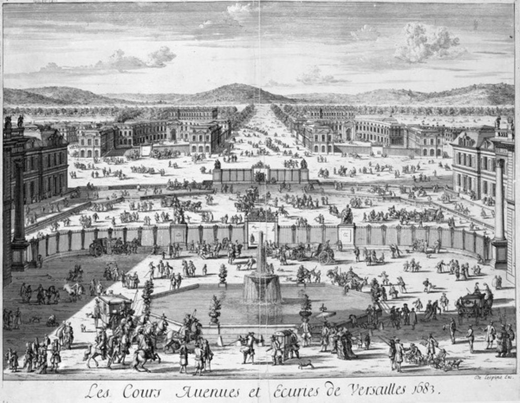 Detail of The stables and gates of Versailles seen from the Palace, 1683 by French School