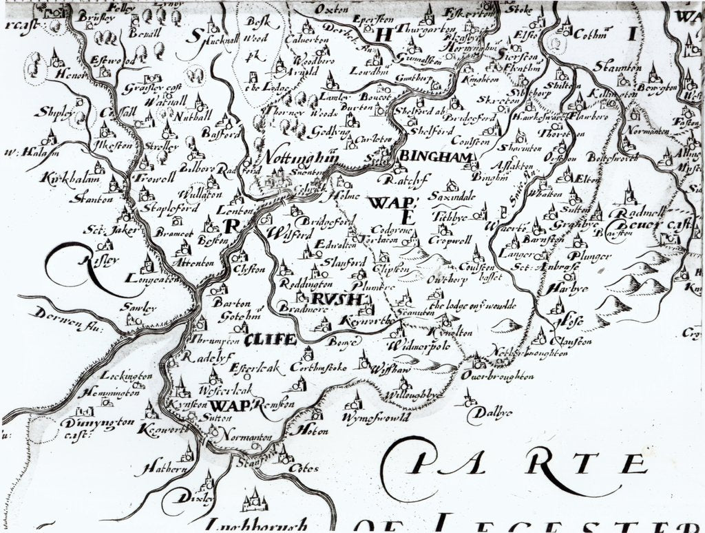 Detail of Detail of a map of the county of Nottinghamshire showing the town of Nottingham, 1642 by English School