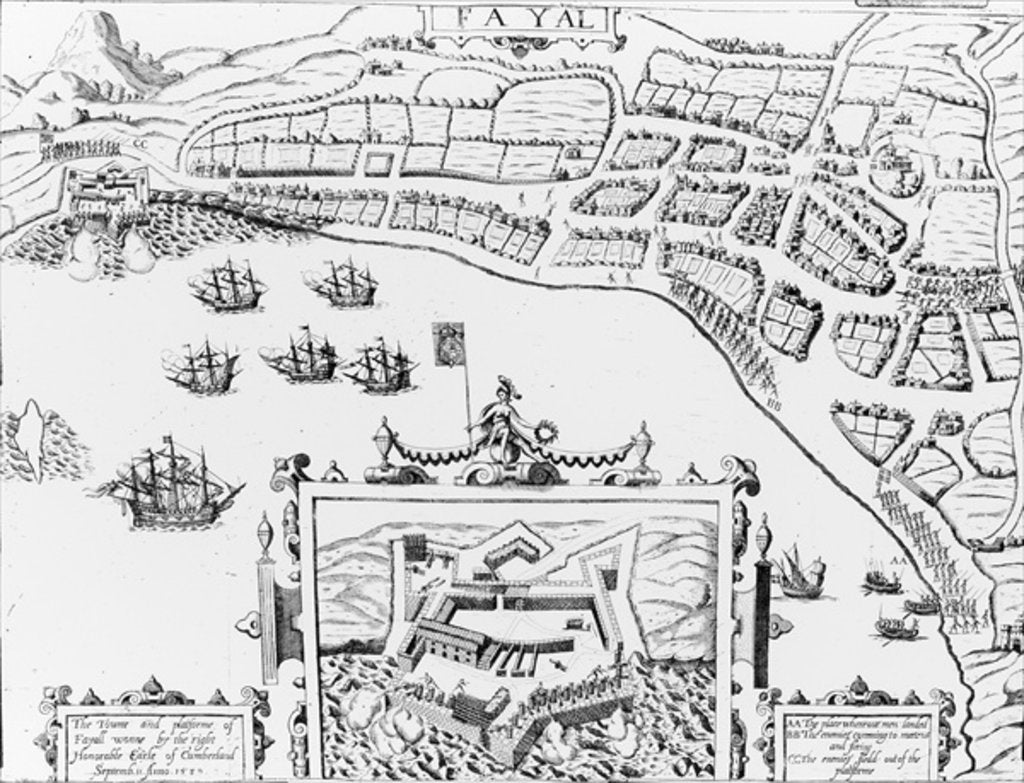 Detail of The Towne and Platforme of Fayall wonne by the right Honourable Earle of Cumberland, September 2nd 1589 by English School