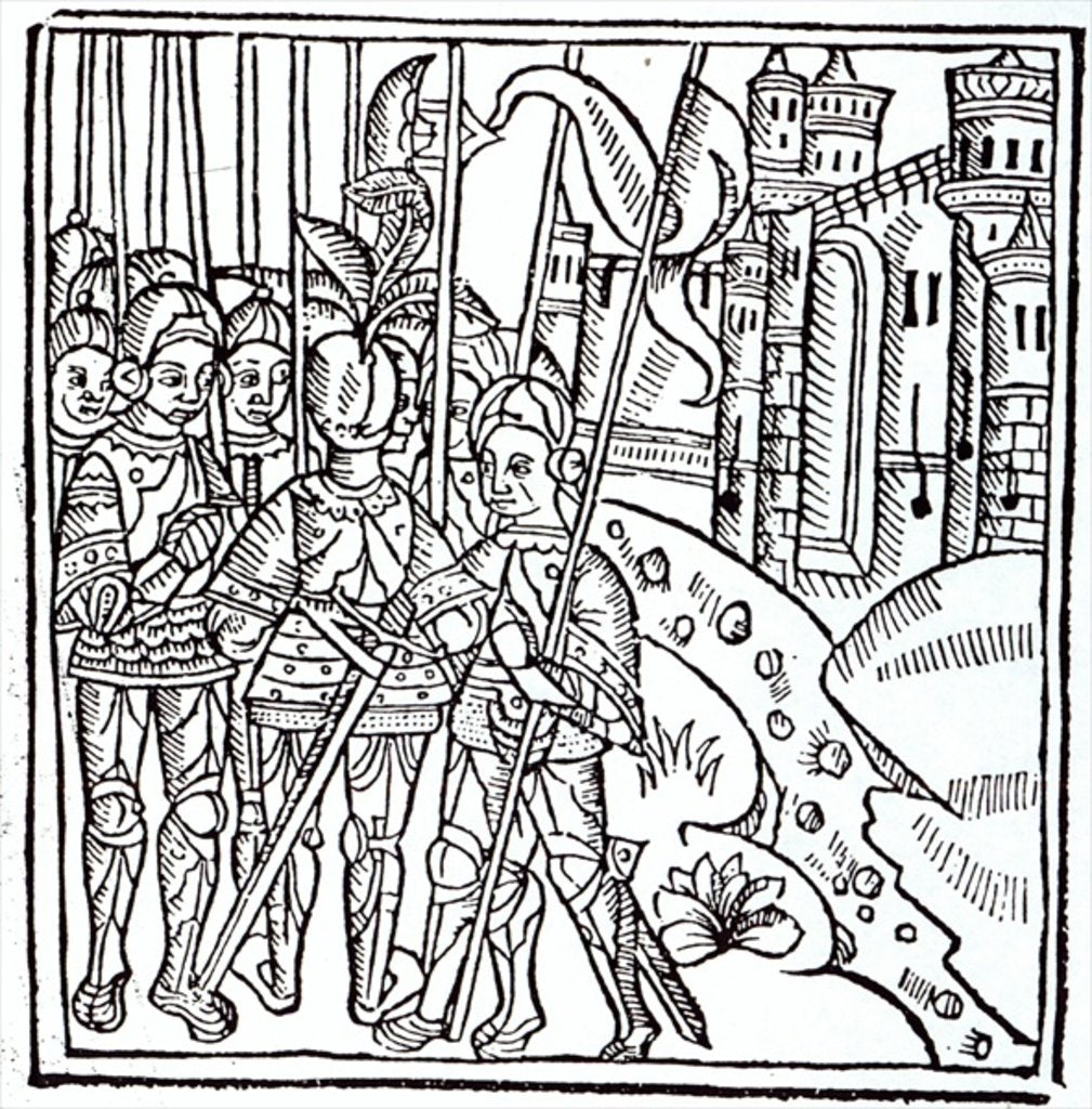 Detail of Crusaders, printed by Wynkyn de Worde by English School