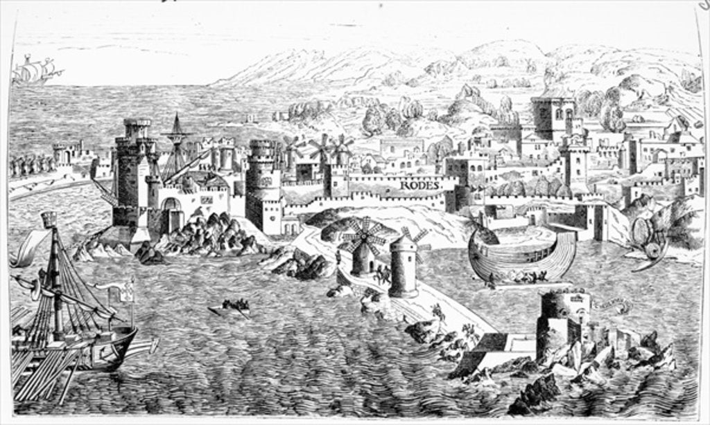 Detail of Map of the Island of Rhodes, reproduced in 'Le Chevalerie et les Croisades' by Paul Lacroix, 1886 by Erhard Reuwich