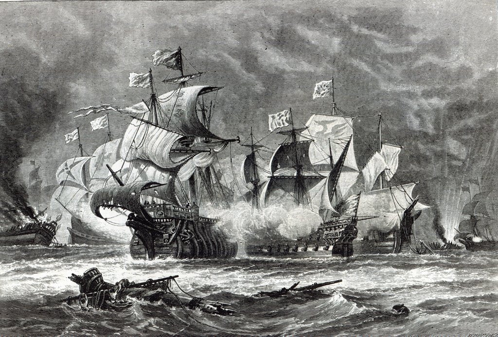 Detail of The Vanguard, under Sir William Winter, engaging the Spanish Armada by Oswald Walters Brierly