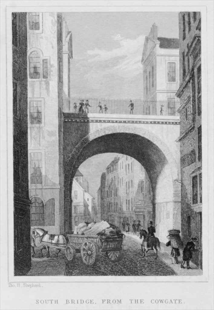 Detail of South Bridge from the Cowgate, Edinburgh engraved by William Watkins, 1831 by Thomas Hosmer Shepherd