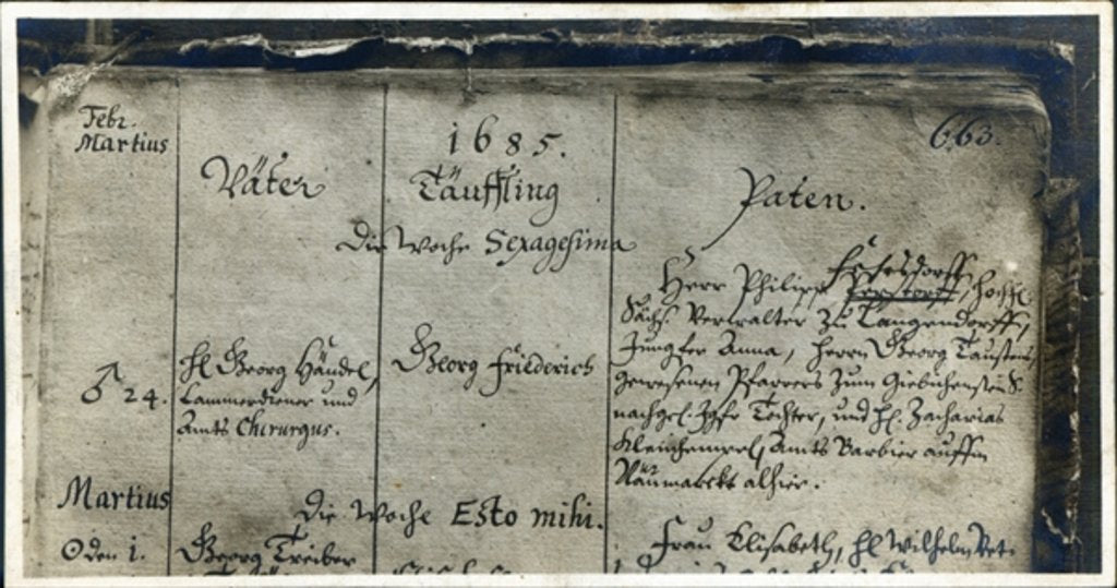 Detail of Entry of Handel's Baptism from the Church Register of Marktkirche, Halle, Germany, 1685 by German School