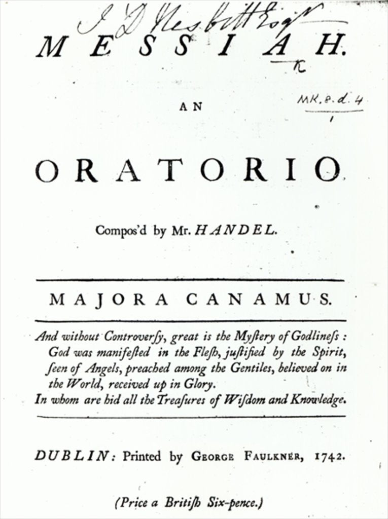 Detail of Cover of Sheet Music for Handel's Messiah by English School