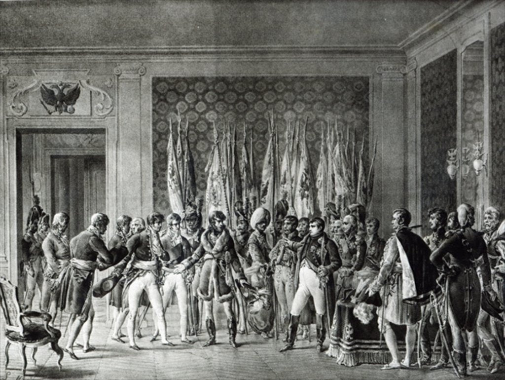 Detail of Napoleon gives the flags won at Austerlitz in 1805 to the Mayors of Paris visiting him at Schonbrunn by L. Marin