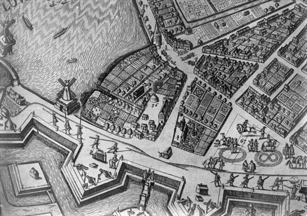 Detail of Map of Hamburg showing its first Opera House, 1690 by German School