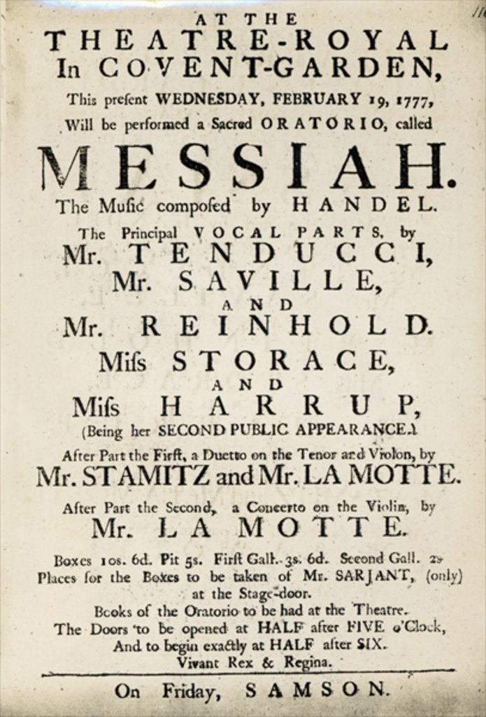 Detail of Playbill advertising a performance of Handel's Oratorio, 'Messiah' in 1777 by English School