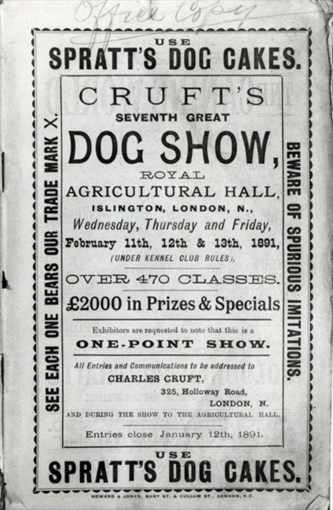 Detail of Poster advertising Cruft's Dog Show at the Royal Agricultural Hall in Islington, London in 1891 by English School
