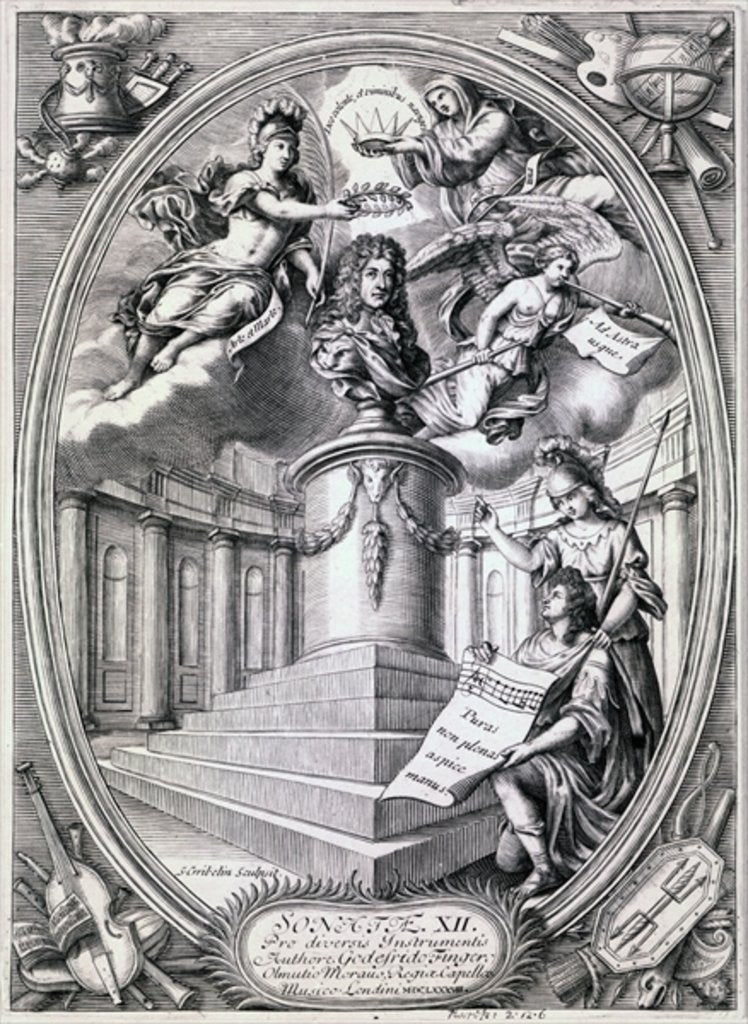 Detail of Dedicatory engraving to Gottfried Finger, 1688 by Simon II Gribelin