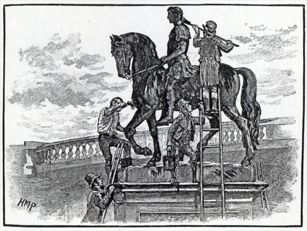 Detail of William III statue being painted black, Dublin, 1821 by English School