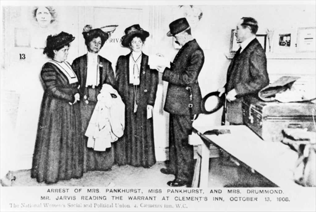 Detail of Arrest of Mrs Pankhurst, Miss Pankhurst and Mrs Drummond. Mr.Jarvis reading the warrant at Clements Inn, October 13, 1908 by English Photographer