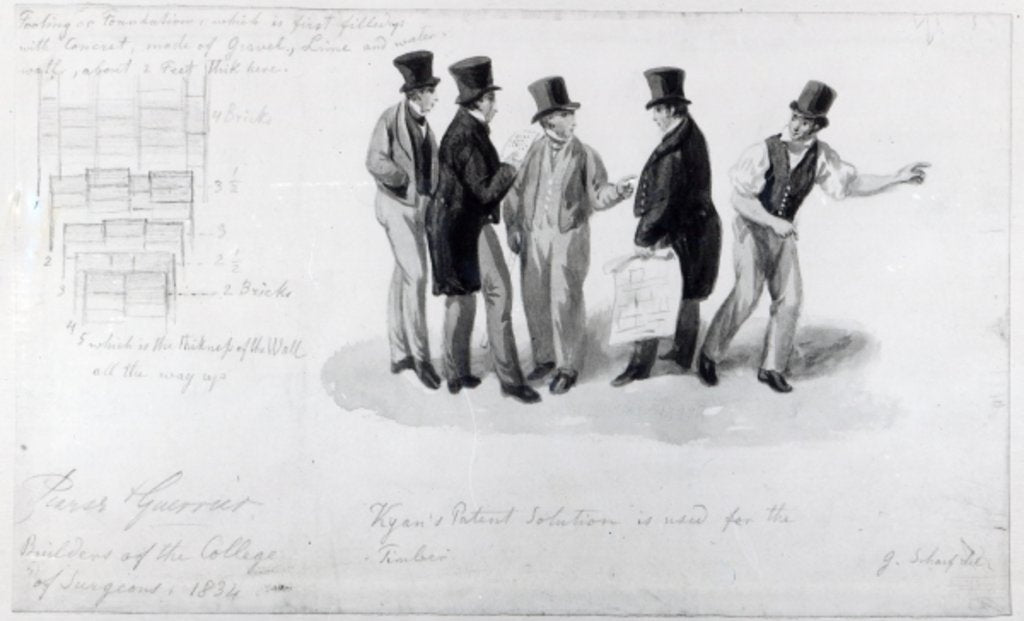 Detail of Builders, surveyors and architects at the building of the Royal College of Surgeons, 1834 by George the Elder Scharf