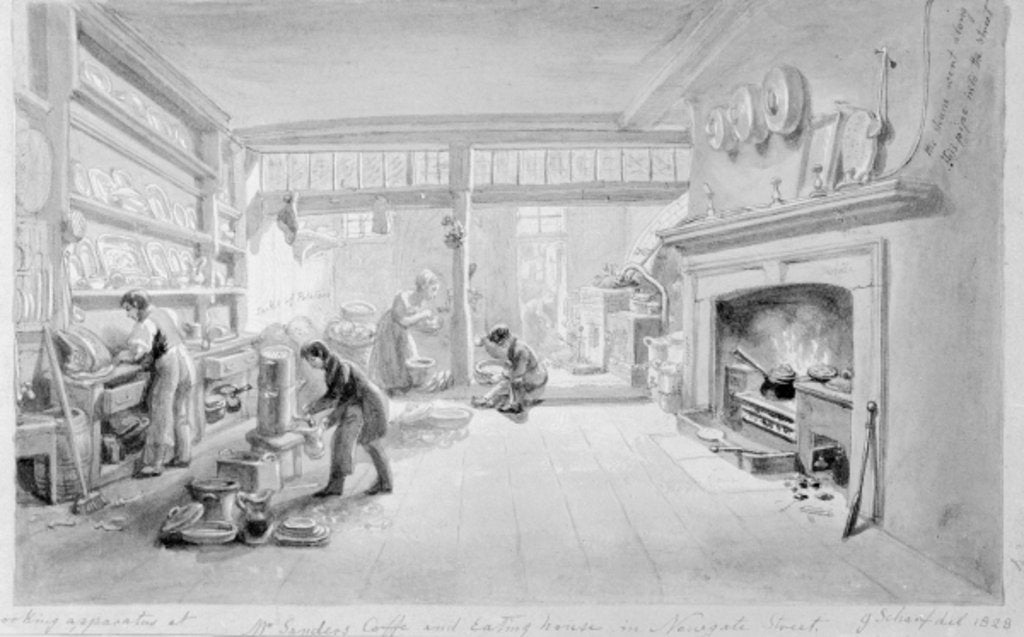 Detail of The Kitchen of Mr. Sander's Coffee and Eating House, Newgate Street, 1828 by George the Elder Scharf