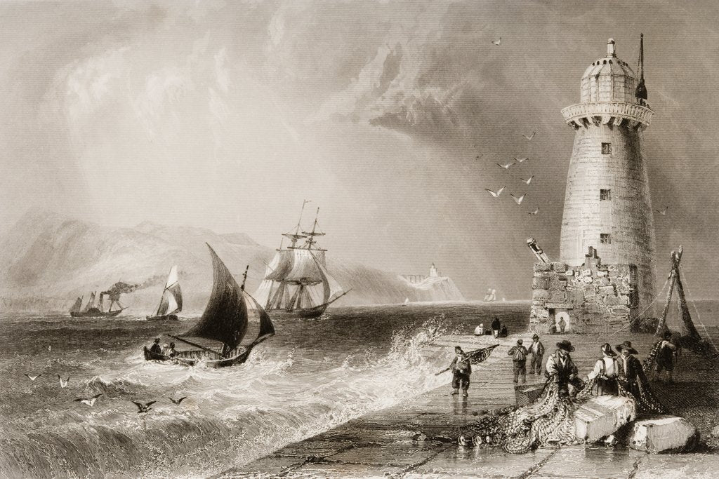 Detail of South Wall Lighthouse with Howth Hill in the Distance, Dublin by William Henry (after) Bartlett