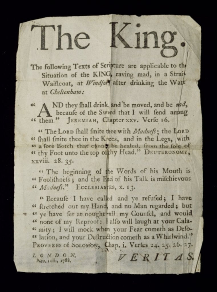 Detail of Broadsheet discussing the Madness of King George III, 1788 by English School